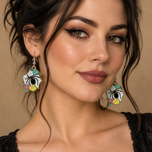 Spiderweb Garden Earrings: Colorful Floral Spider Dangle Whimsigoth Halloween Jewelry