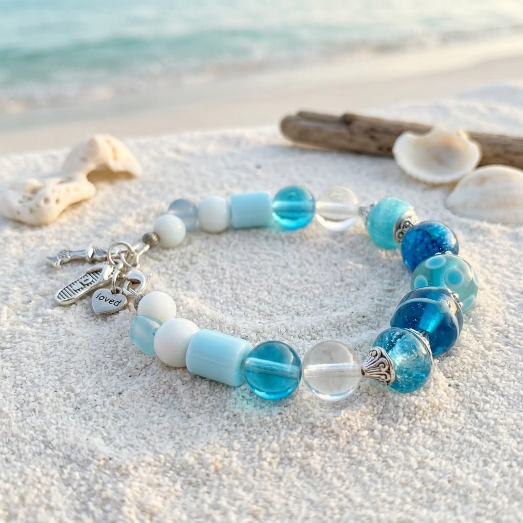 Coastal Chic Charm Bracelet Turquoise Beach Lampwork Glass