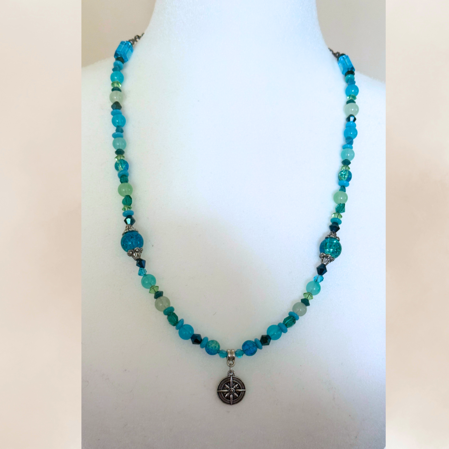 Compass Necklace | Blue Crystal Beaded Coastal Travel Necklace