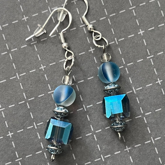 Handcrafted 925 Sterling Silver Sparkling Cerulean Blue Glass Dangles