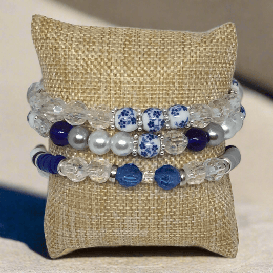 Dainty Denim | Unique Classic Blue & White Pearl Bracelet Set - Distinct Designs