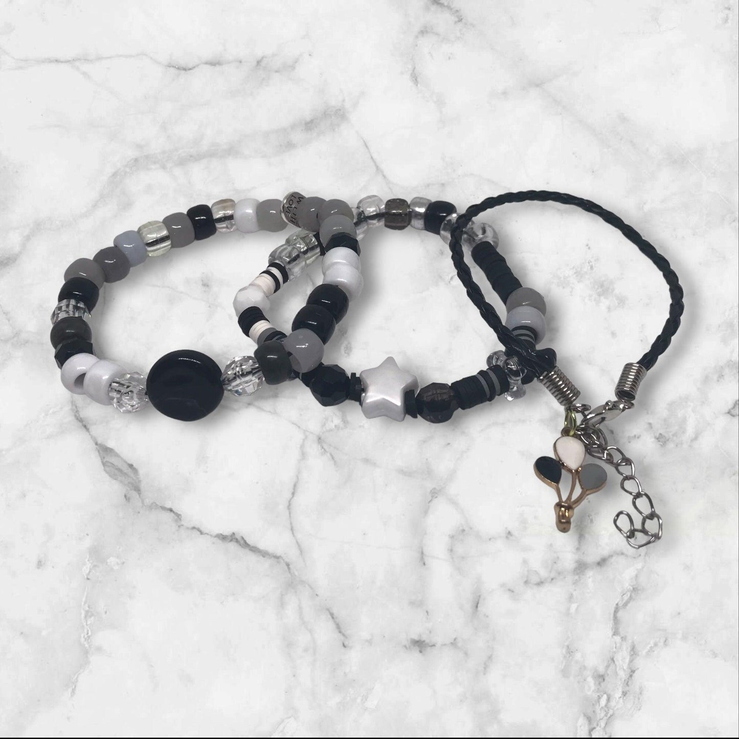 Grey Skies | Black, White, and Grey Stretch & Leather Bracelet Set - Distinct Designs