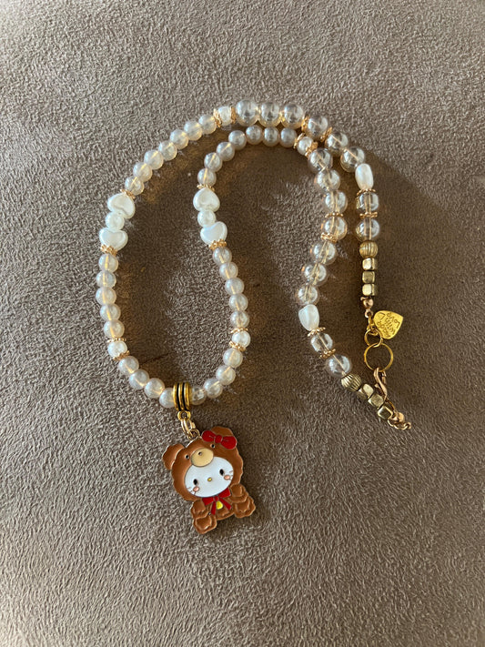 Kitty Bear Necklace | Champagne Glass Beads Hello Kitty Charm - Distinct Designs