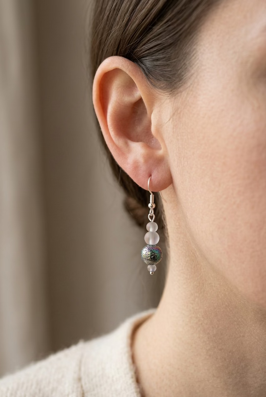 Dangled Beaded Iridescent Glass Beads Sterling & Stainless Steel Earrings