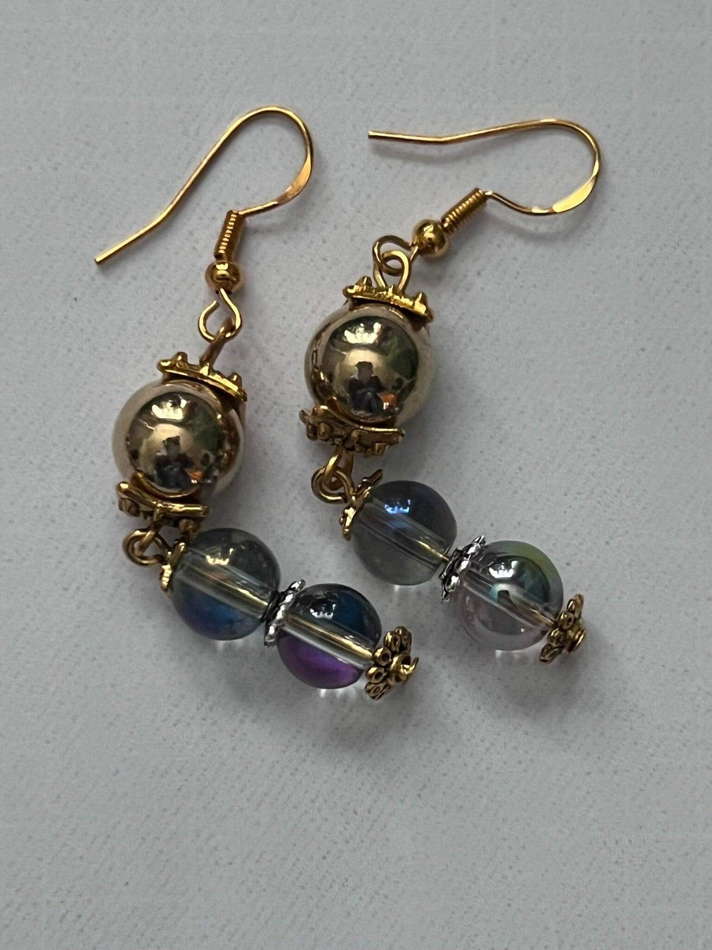 Golden Dew Drops Earrings | Elegant Gold & Iridescent Dangles - Distinct Designs