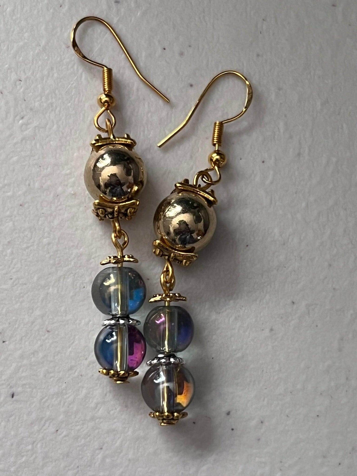 Golden Dew Drops Earrings | Elegant Gold & Iridescent Dangles - Distinct Designs