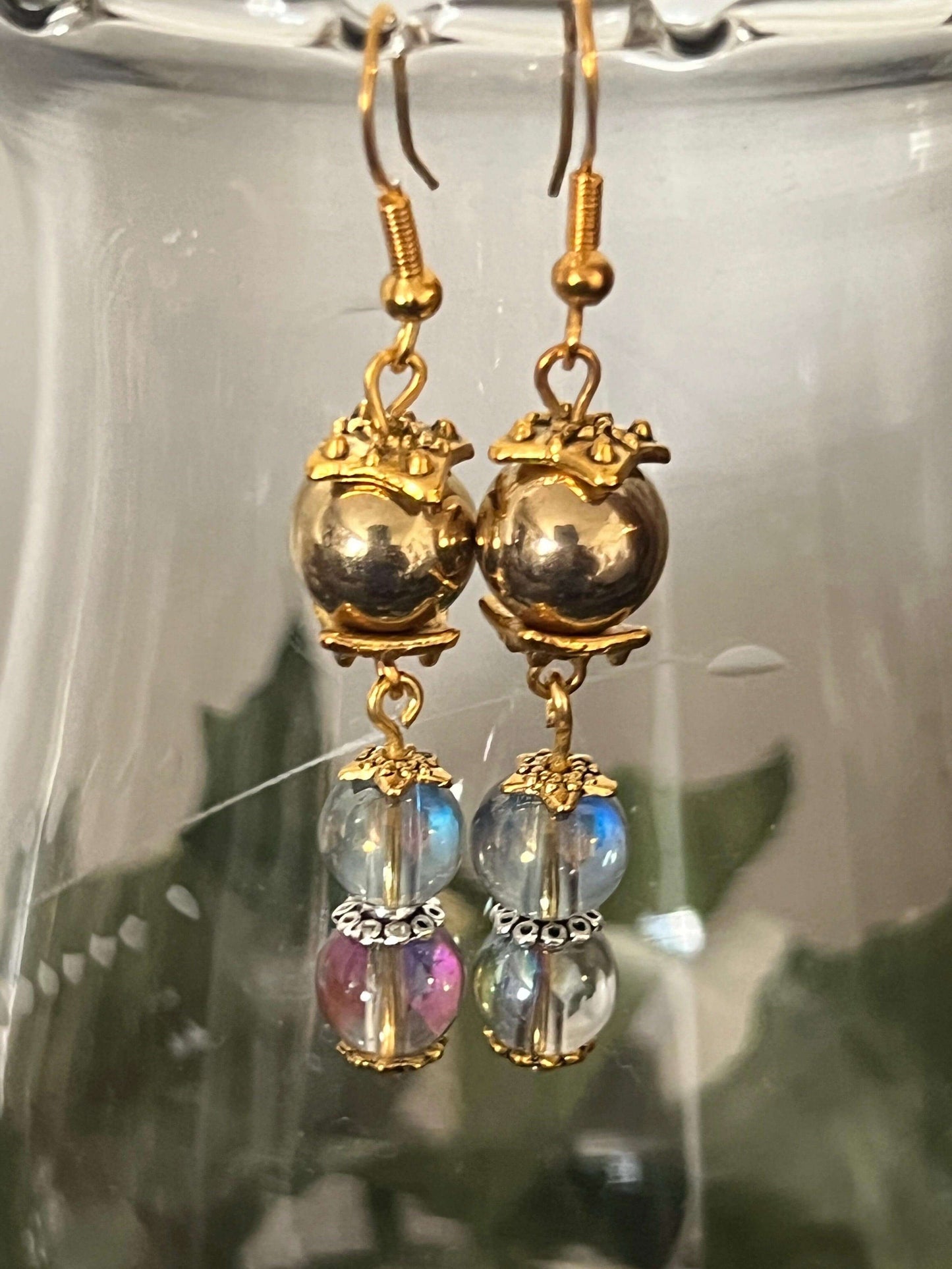 Golden Dew Drops Earrings | Elegant Gold & Iridescent Dangles - Distinct Designs