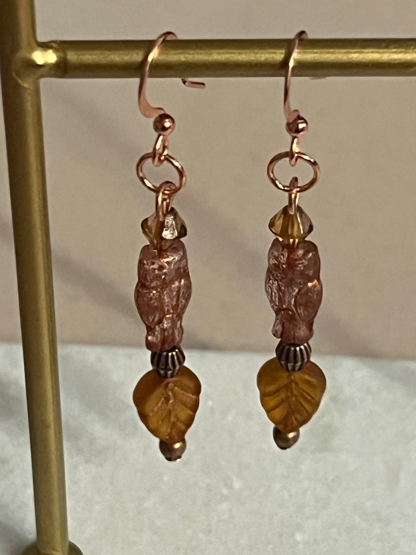 Copper Owl Earrings | Rose Gold Czech Glass - Distinct Designs