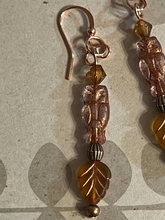Copper Owl Earrings | Rose Gold Czech Glass - Distinct Designs