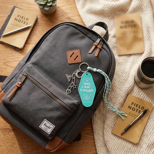A turquoise keychain with the words 'You Are Enough' and a butterfly design, attached to a mint and white twisted rope and silver keyring, placed on a brown cardboard surface.