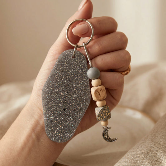 Aries Moon Zodiac Keychain Glitter Celestial Beaded Key Ring