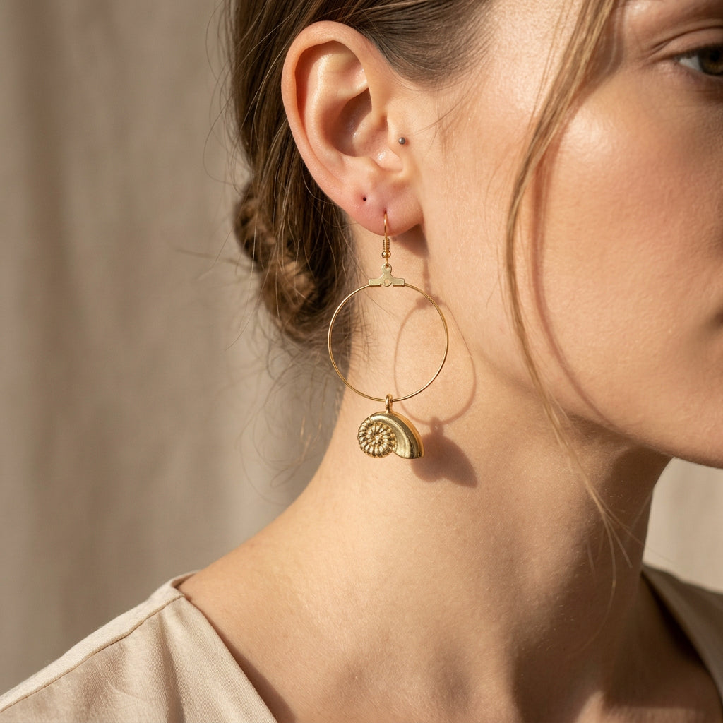 Gold hoop earring with a polished shell-shaped pendant,