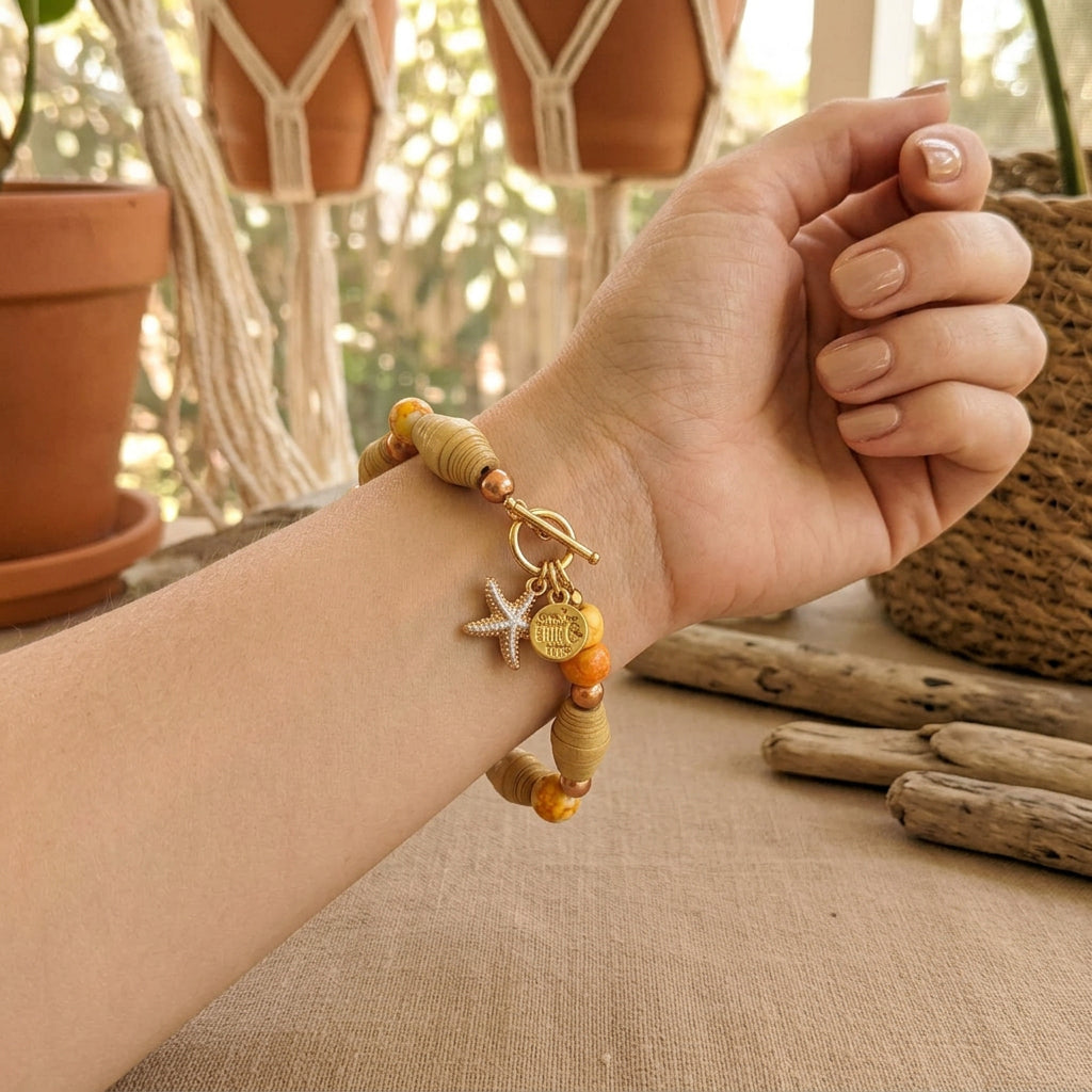 Unique Hand-Rolled Paper Bead Eclectic Fishercore Boho Charm Bracelet