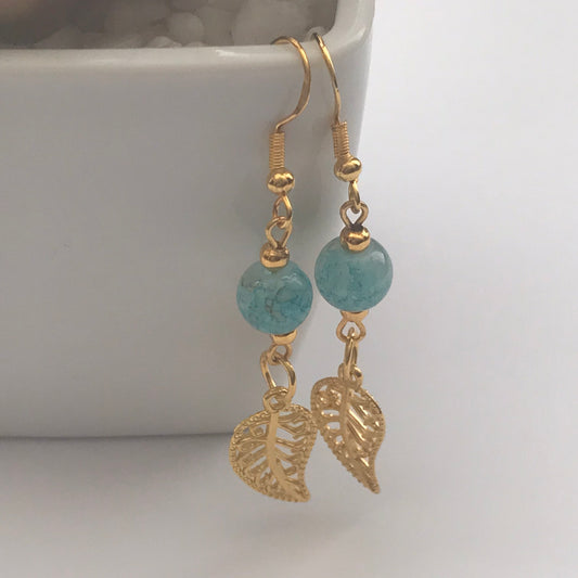 Turquoise Beaded Leaf Desgn Earrings | Nature-Inspired Coastal Earthy Tones Handmade Jewelry
