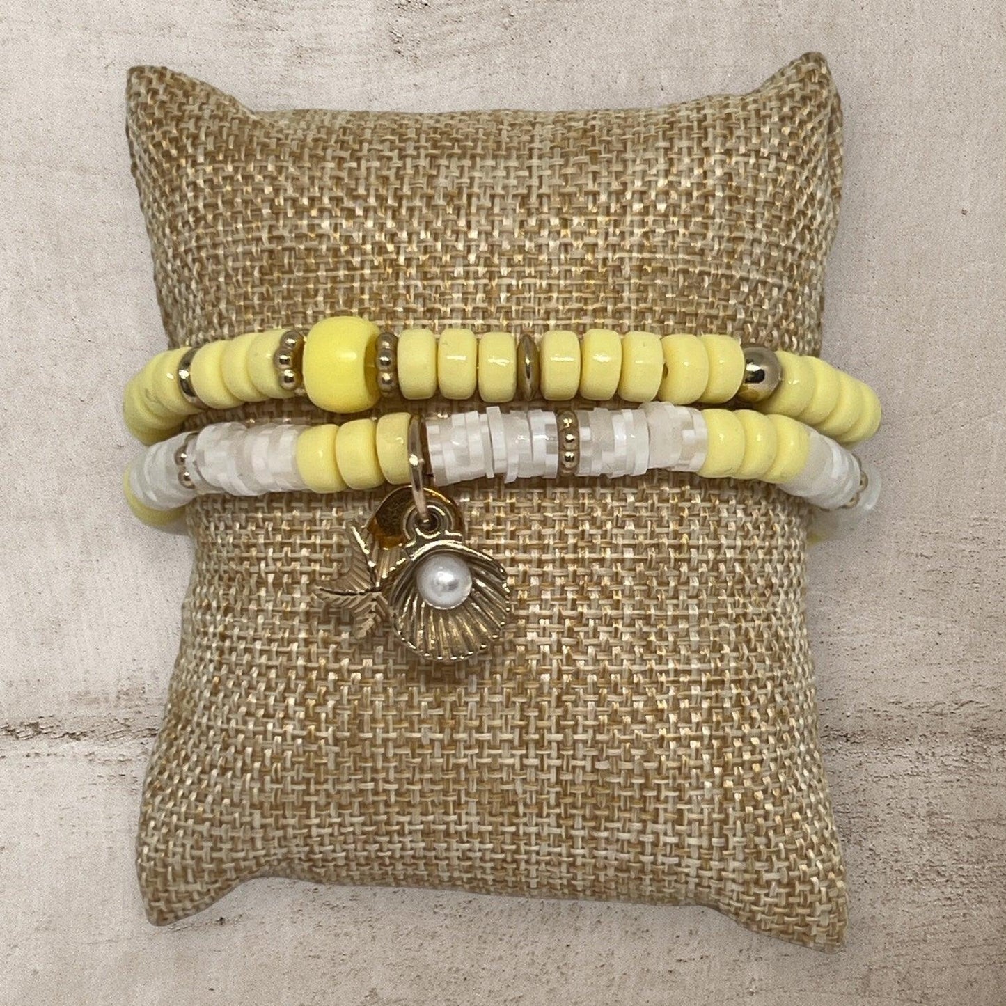 Sandy Pearl | Yellow and White Stretch Beach Vibes Bracelet Set - Distinct Designs