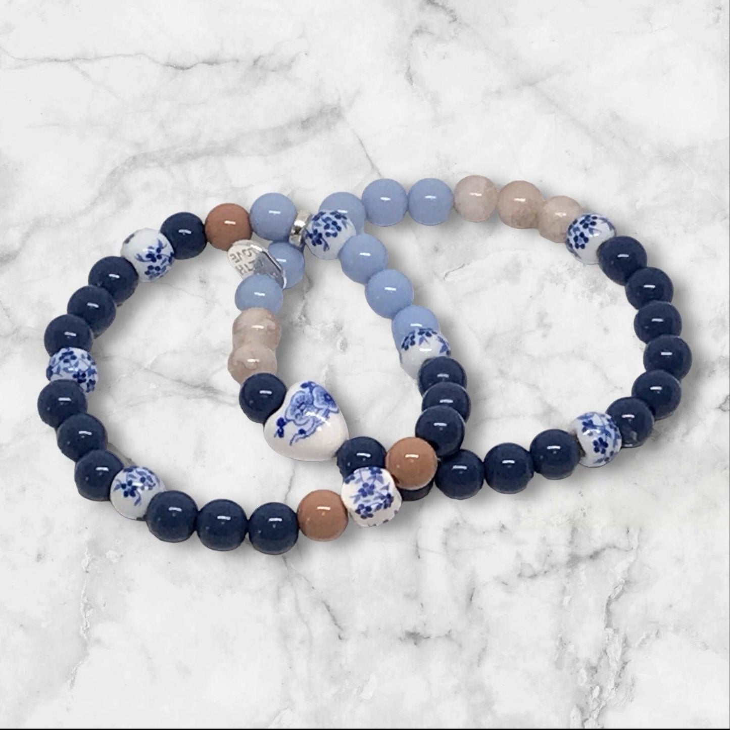 Got The Bag | Bracelet Set Classic Navy Brown and Floral Beads - Distinct Designs