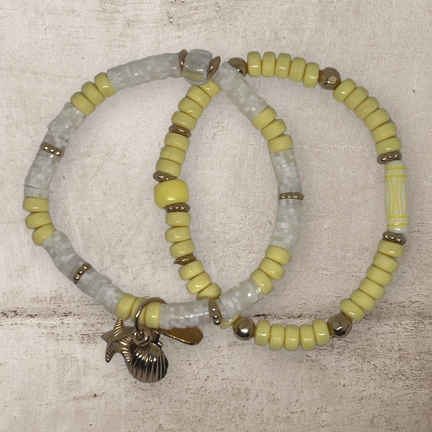Sandy Pearl | Yellow and White Stretch Beach Vibes Bracelet Set - Distinct Designs