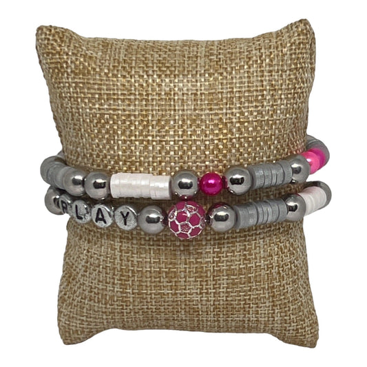 Playful | Pink & Silver Stretch Soccer Clay Heishi Bead Bracelet Set - Distinct Designs