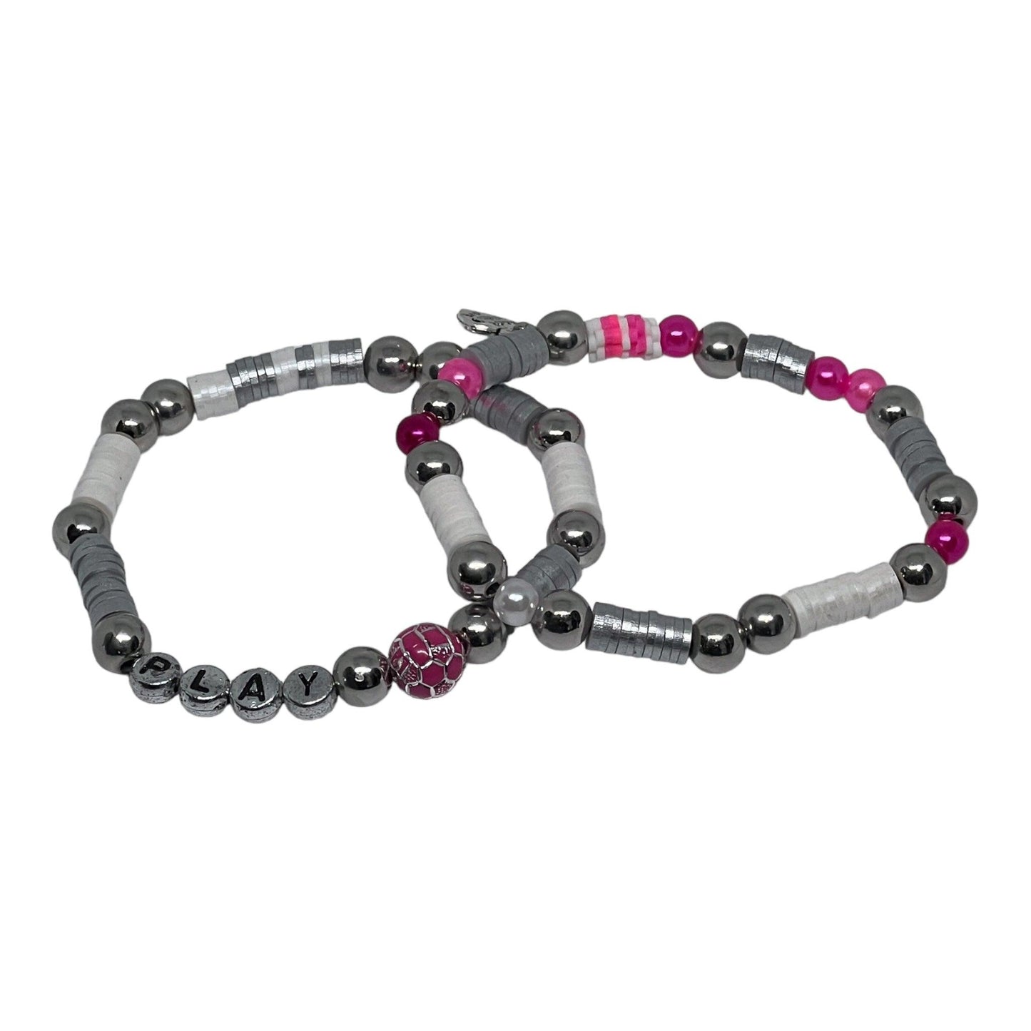 Playful | Pink & Silver Stretch Soccer Clay Heishi Bead Bracelet Set - Distinct Designs