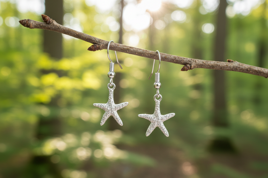 Starfish Dangle Earrings Silver Coastal Beach Handmade