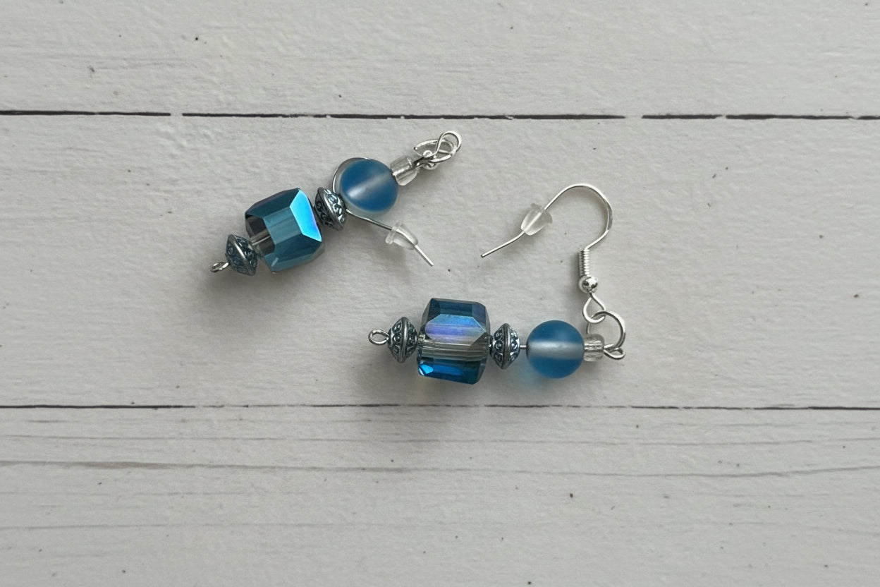 Handcrafted Earrings 925 Sterling Silver Sparkling Cerulean Blue Glass Dangles