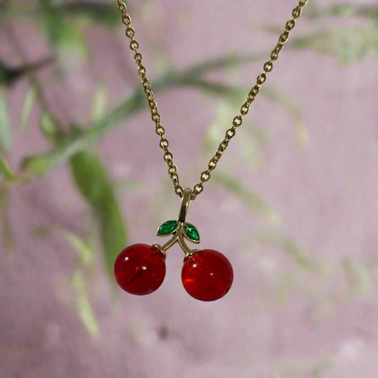 Cherry Lampwork Glass Pendant Necklace | Whimsical Minimalist Hypoallergenic Handmade Jewelry - Distinct Designs