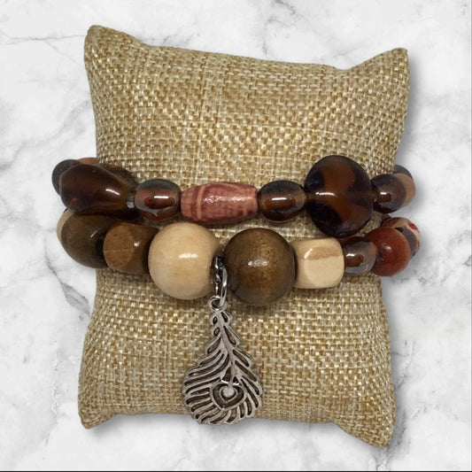Cowboy Feather - Western Wooden Beads Bracelet Set - Distinct Designs