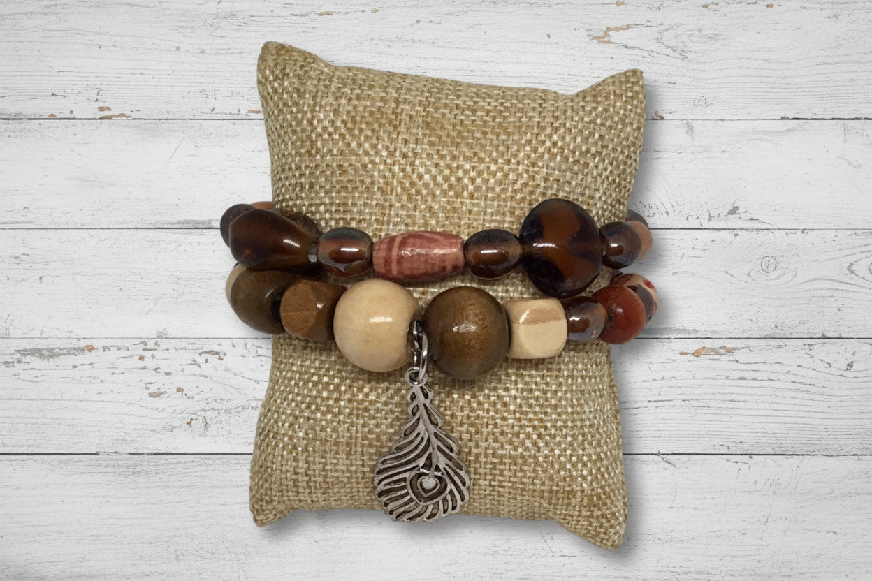 Cowboy Feather - Western Wooden Beads Bracelet Set - Distinct Designs