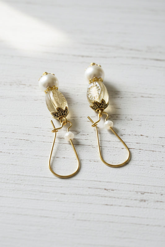 Czech Glass Pearl Dangle Earrings | Classic Vintage Inspired Handmade Jewelry - Distinct Designs