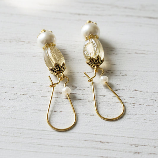 Czech Glass Pearl Dangle Earrings | Classic Vintage Inspired Handmade Jewelry - Distinct Designs