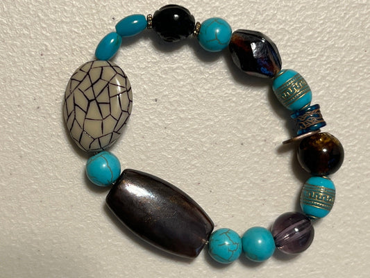 Faux Turquoise Beaded Stretch Bracelet | Bold Tribal Boho Handmade Jewelry - Distinct Designs