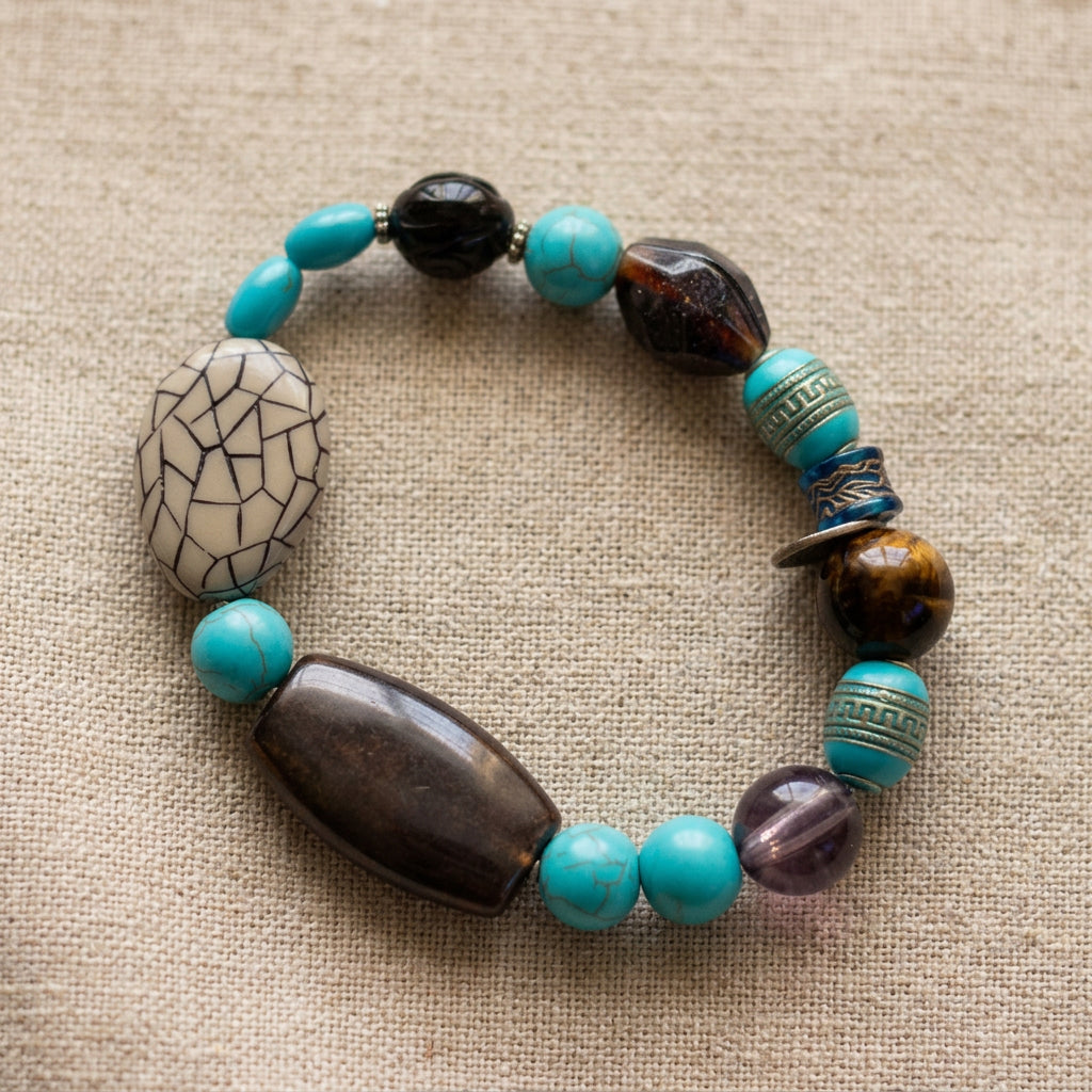 Faux Turquoise Beaded Stretch Bracelet | Bold Tribal Boho Handmade Jewelry - Distinct Designs