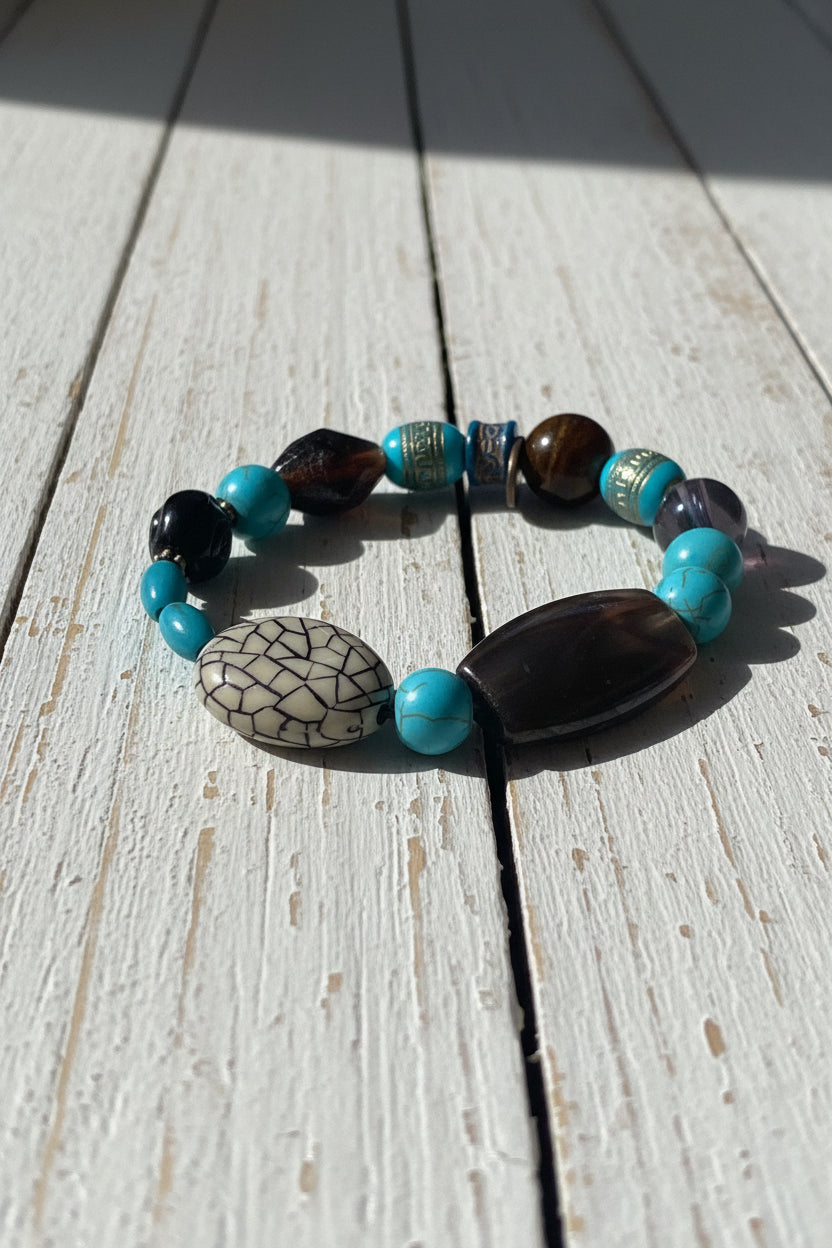 Faux Turquoise Beaded Stretch Bracelet | Bold Tribal Boho Handmade Jewelry - Distinct Designs