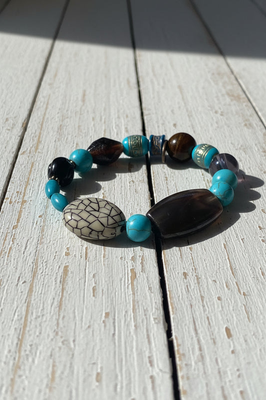 Faux Turquoise Beaded Stretch Bracelet | Bold Tribal Boho Handmade Jewelry - Distinct Designs