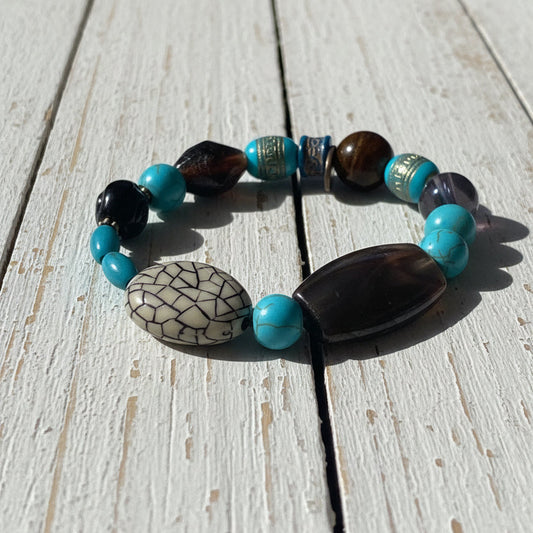 Faux Turquoise Beaded Stretch Bracelet | Bold Tribal Boho Handmade Jewelry - Distinct Designs