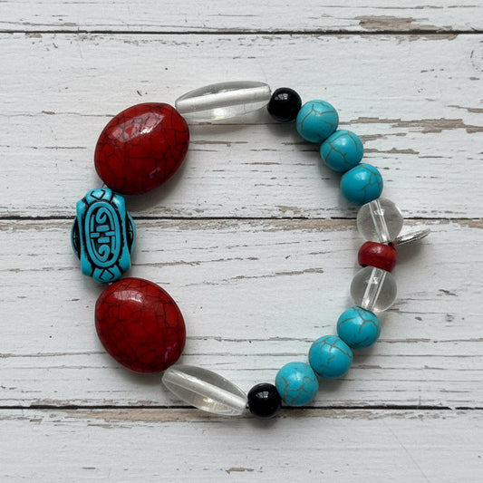 Faux Turquoise Stretch Beaded Bracelet | Bold Tribal Boho Handmade Jewelry - Distinct Designs