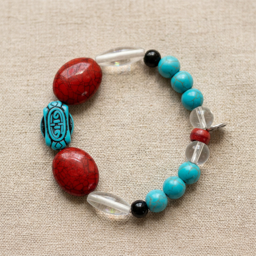 Faux Turquoise Stretch Beaded Bracelet | Bold Tribal Boho Handmade Jewelry - Distinct Designs