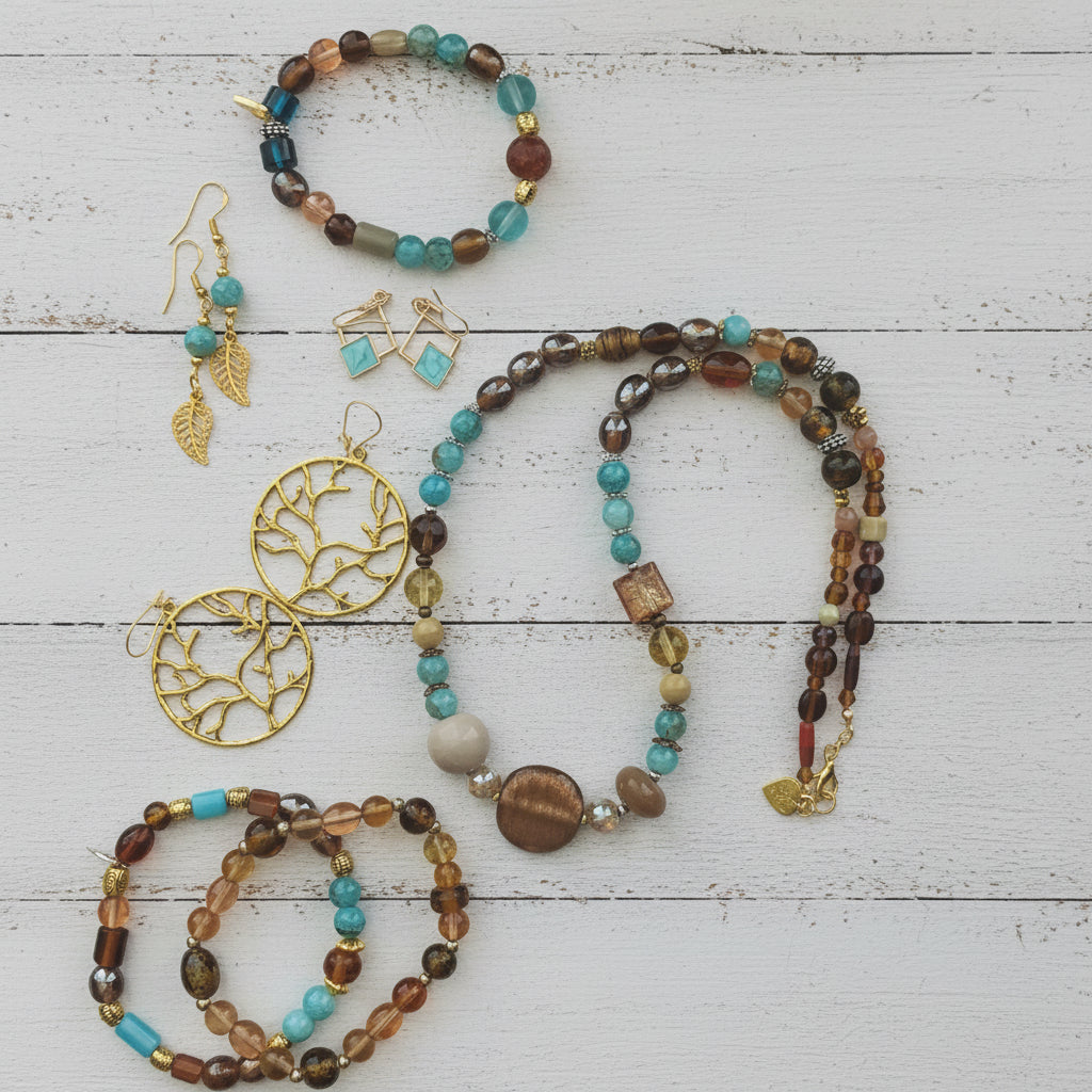 Glass Beaded Bracelet Set | Boho Chic Coastal Earthy Tones Handmade Jewelry - Distinct Designs