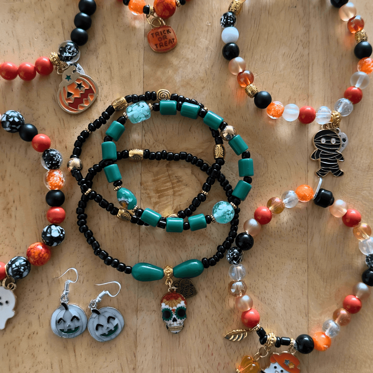 Glass Beaded Halloween Charm Stretch Bracelet | Witch Glow Handmade Jewelry - Distinct Designs