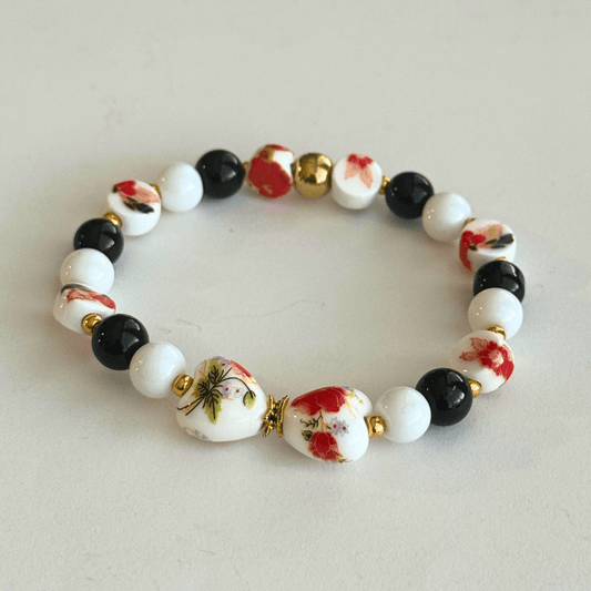 Glass Pearls & Porcelian Heart Bracelet | Porcelain Petals Handmade Jewelry Collection - Distinct Designs
