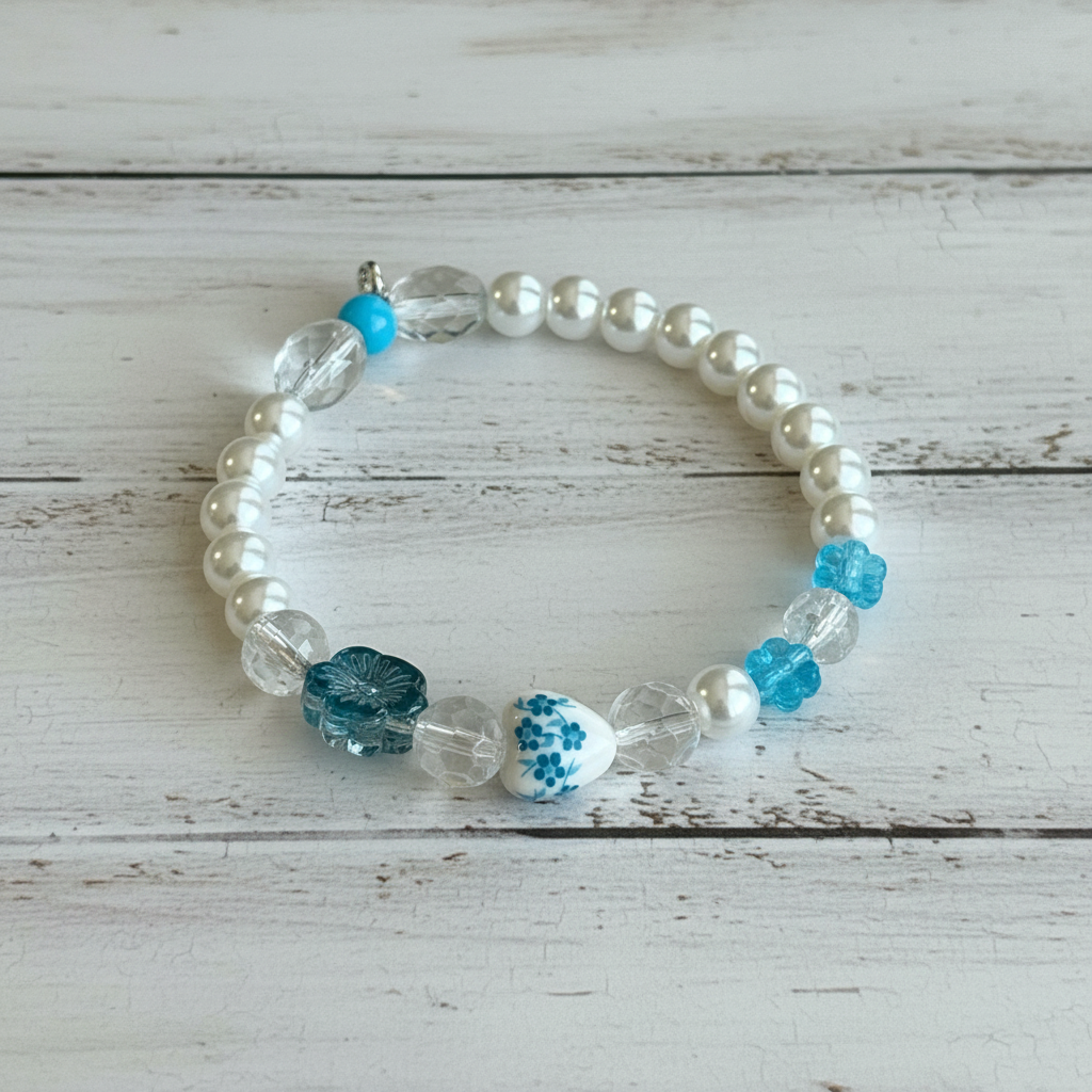 Glass Pearls & Porcelian Heart With A Floral Design | Porcelain Petals Handmade Jewelry Collection - Distinct Designs