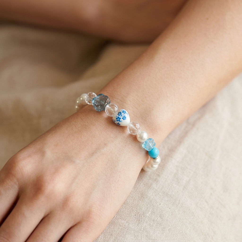 Glass Pearls & Porcelian Heart With A Floral Design | Porcelain Petals Handmade Jewelry Collection - Distinct Designs