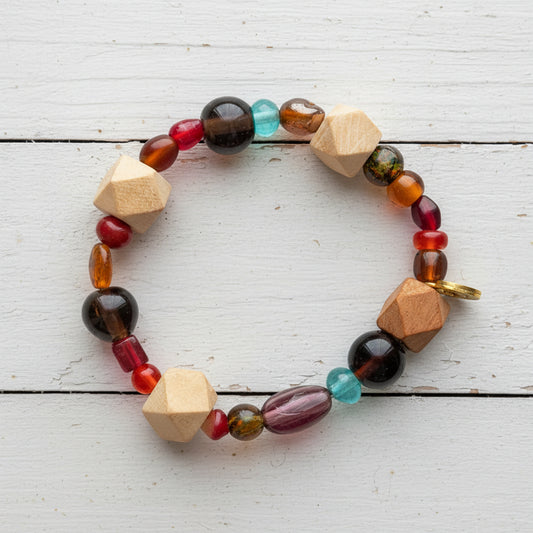 Glass & Wooden Beaded Bracelet | Southwestern Boho Stackable Stretch Handmade Jewelry - Distinct Designs