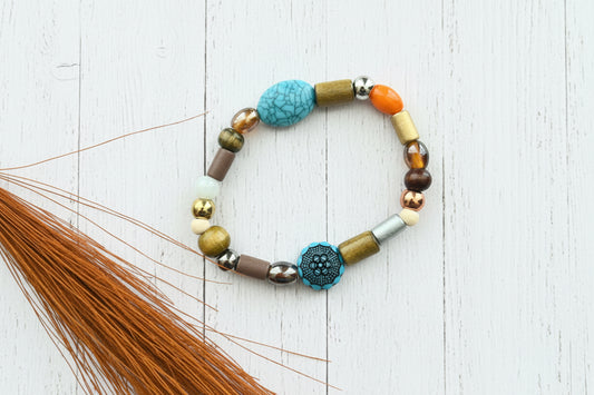 Glass & Wooden Beaded Bracelet | Southwestern Tribal Boho Stackable Stretch Handmade Jewelry - Distinct Designs