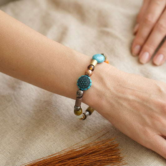 Glass & Wooden Beaded Bracelet | Southwestern Tribal Boho Stackable Stretch Handmade Jewelry - Distinct Designs