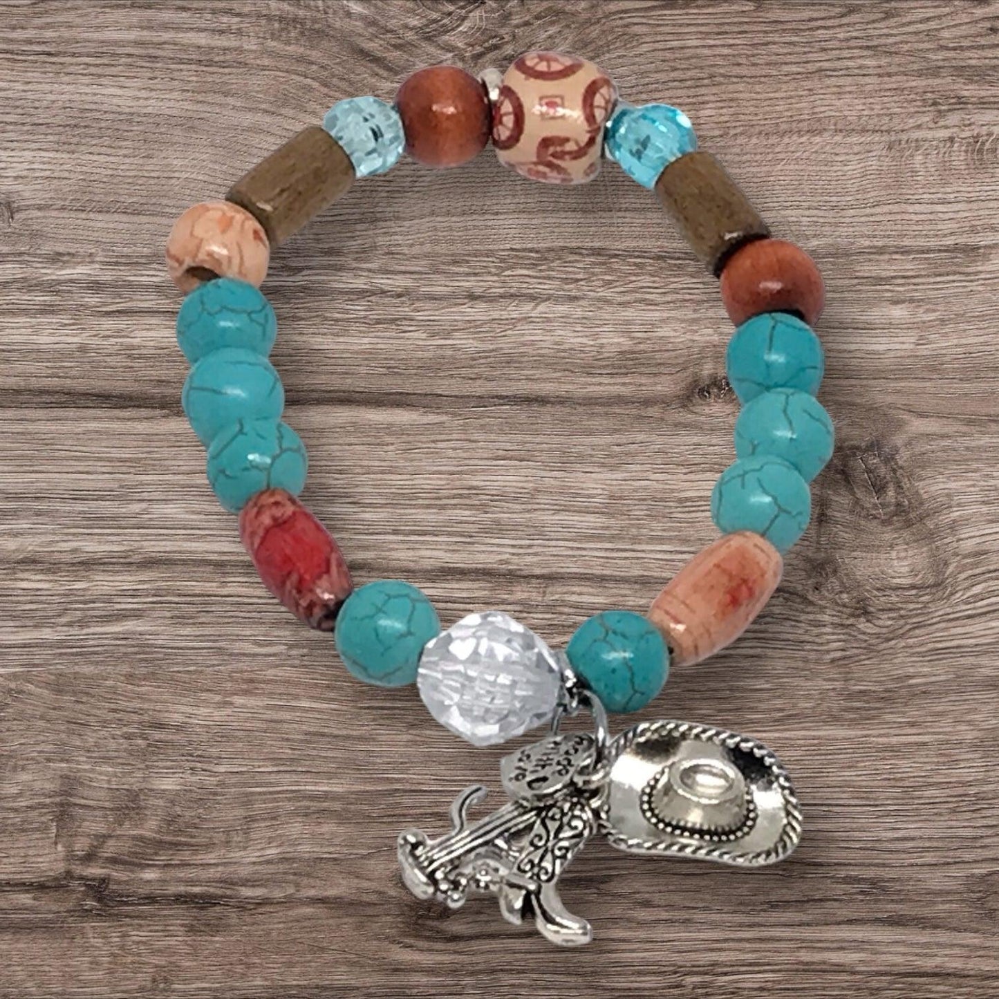 Howdy | Wooden Southwestern Eclectic Stretch Charm Bracelet - Distinct Designs