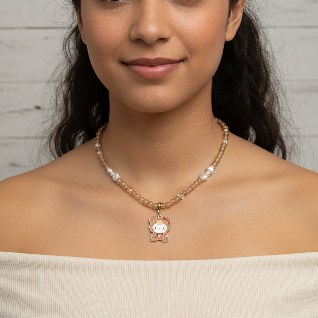 Kitty Bear Necklace - Champagne Glass Beads Hello Kitty Charm - Distinct Designs