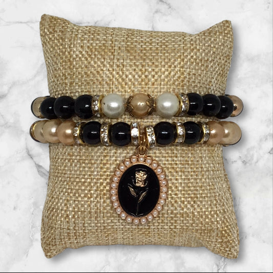Aplique Dorado - Conjunto de Pulsera Elástica con Perlas de Vidrio Clásicas