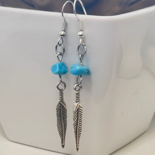 Natural Stone Feather Dangle Earrings | Southwestern Tribal Boho Handmade Jewelry - Distinct Designs