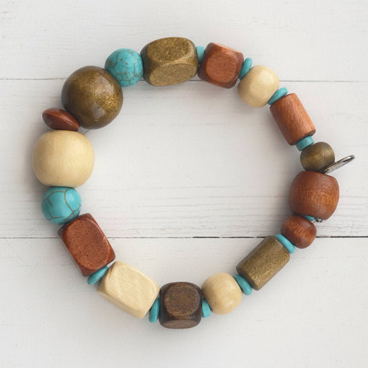 Sedona Wooden & Howlite Beaded Bracelet | Southwestern Tribal Boho Stackable Stretch Handmade Jewelry - Distinct Designs